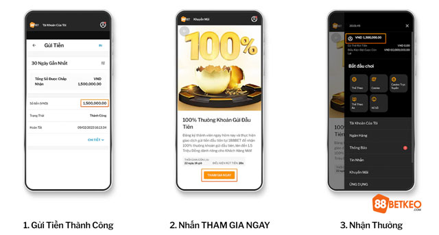 Tham gia và gửi tiền 188bet để nhận thưởng lên đến 1,5 triệu đồng