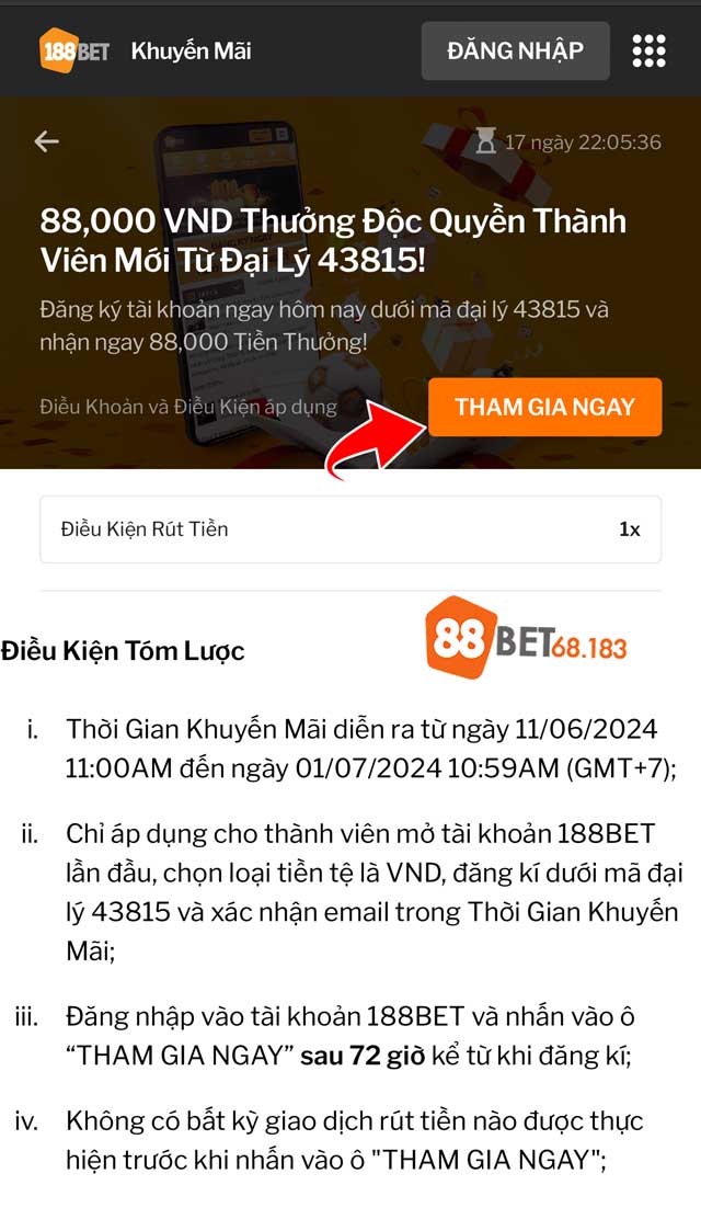 Cần bấm vào ô : " tham gia ngay " để kích hoạt nhận thưởng 88k