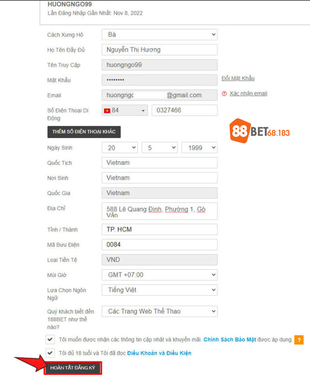 Hoàn tất cập nhật hồ sơ 88Bet